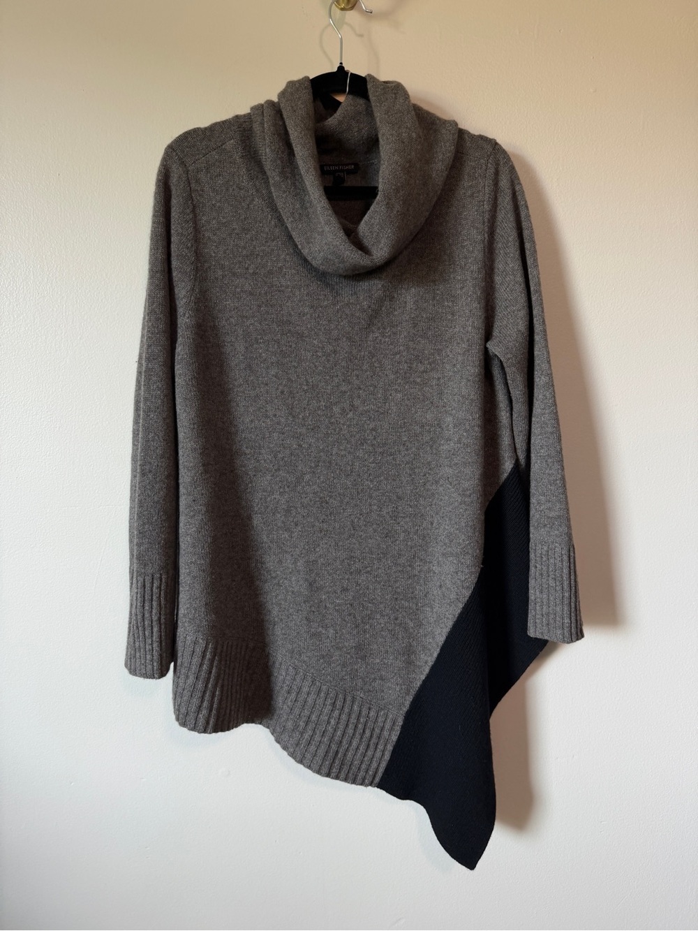 Eileen Fisher merino wool yak fiber cowl neck asymmetric sweater grey black sz M